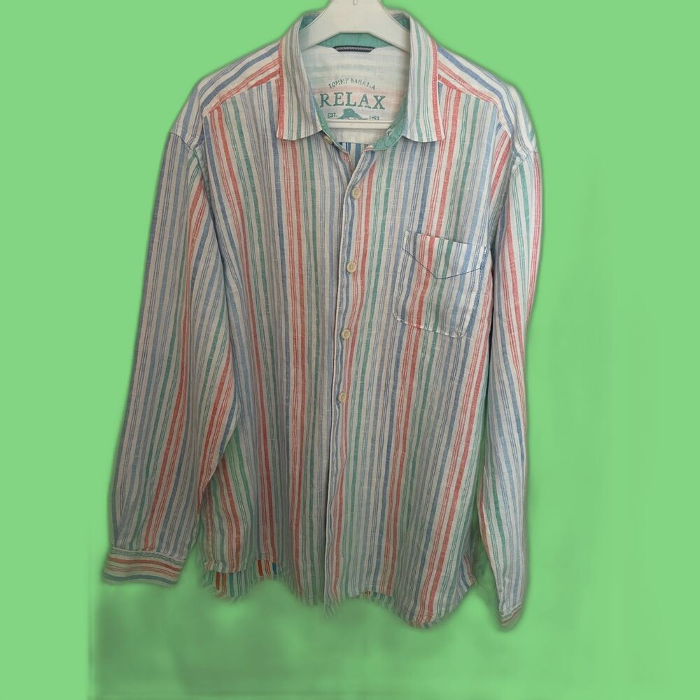 Tommy Bahama Relax 100% Linen Shirt Men's Large Multicolor‎ Stripe Long Sleeve